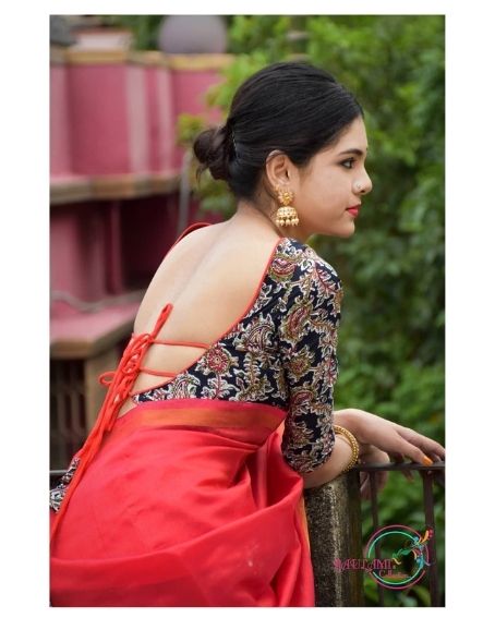 Black Color Kalamkari Blouse Design with Back Open