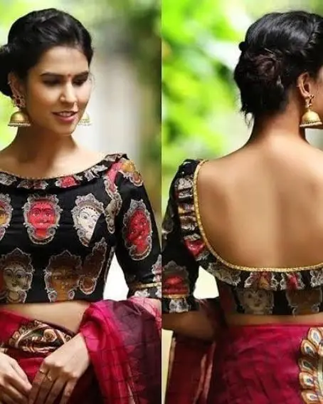 Black Color Kalamkari Blouse Design with Prills