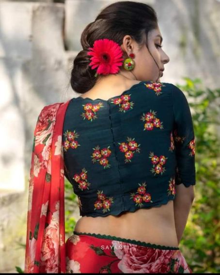 Black Colored Floral Embroidery Thread Work Boat Neck Blouse