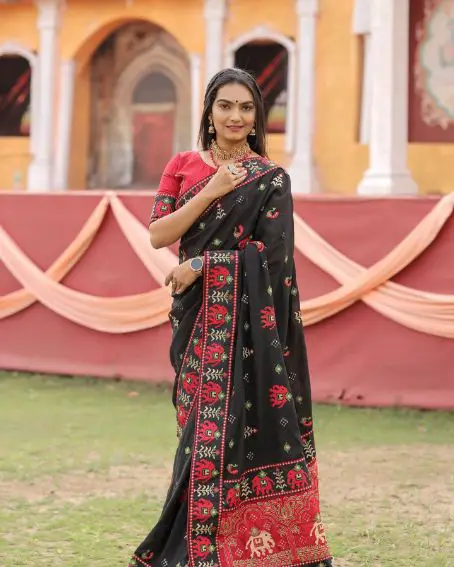 Black Designer Silk Saree with Maroon Blouse