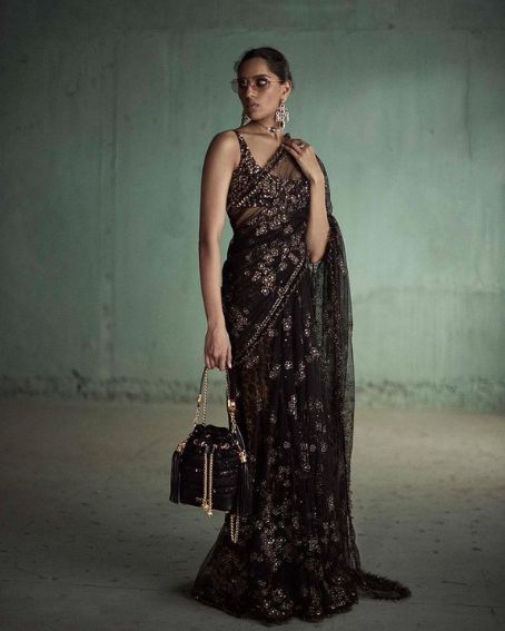 Black Embroidered Tulle Sari with Thread Work and Sequins