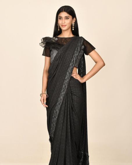 Black Fancy Lycra Hand Embroidered Saree With Blouse