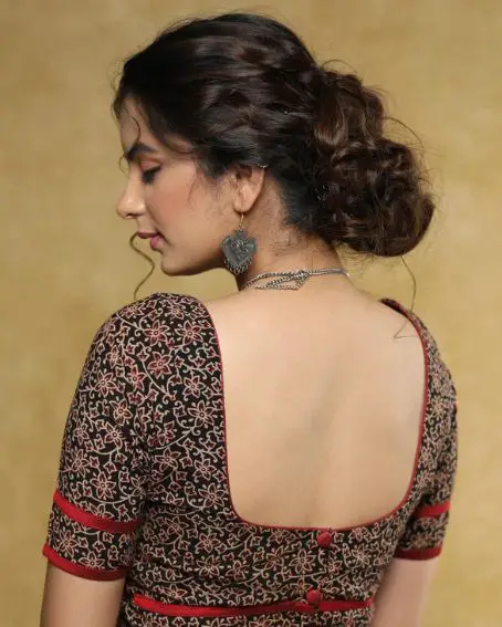 Black Floral Ajrakh Cotton Blouse with Detaling & Buttons at the Back
