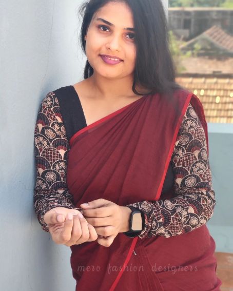 Black Full Sleeve Blouse Design with Red Cotton Saree