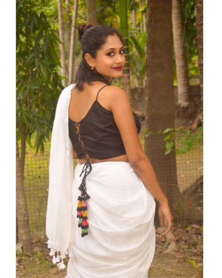 Black Khadi With Multi Fabric Latkan Sleeveless Blouse