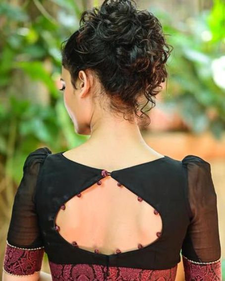 Black Pure Chiffon Boatneck Blouse With Potli Button Design