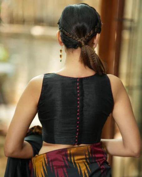 Black Pure Raw Silk U Neck Blouse with potli Back Blouse Design