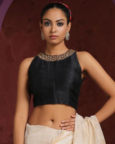 Black Raw Silk Halter Neck Saree Blouse