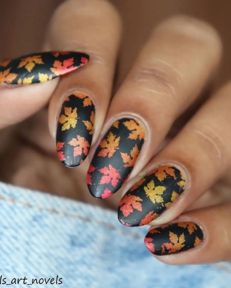 Black and Orange Autumn Leaf Nails
