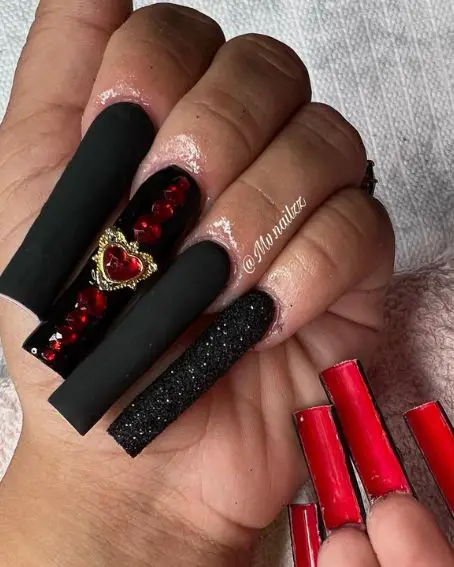 Black with Glitter and Pink Pearls Nail Designs