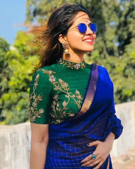 Blue Checks Pattu Saree with Green Embroidery Blouse