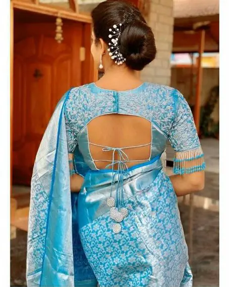 Blue Color Banarasi blouse with Knot Style