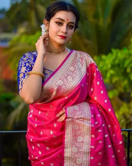 Blue Color Brocade Blouse with Pink Saree