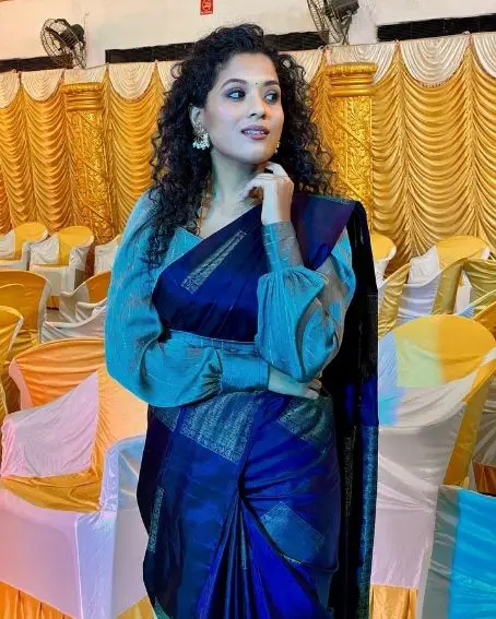 Blue Color Saree with Baloon Sleeve Blouse