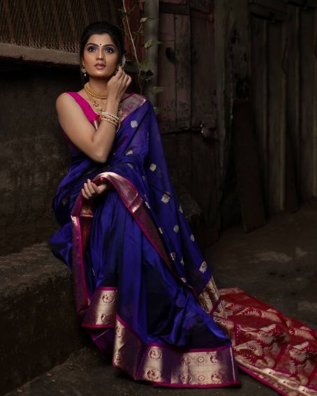 Blue Cotton Paithani Saree with Sleeveless Blouse