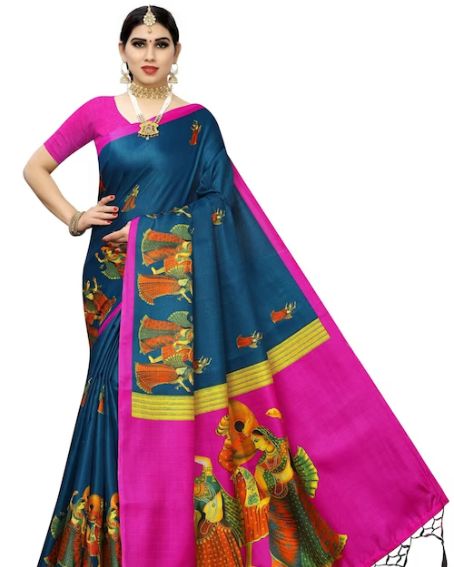 Blue Designery Madhubani Saree with Pink Blouse