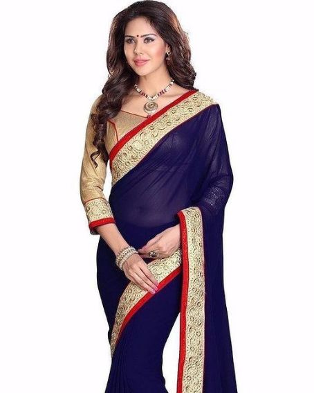 Blue Fancy Saree with Gold Gloves