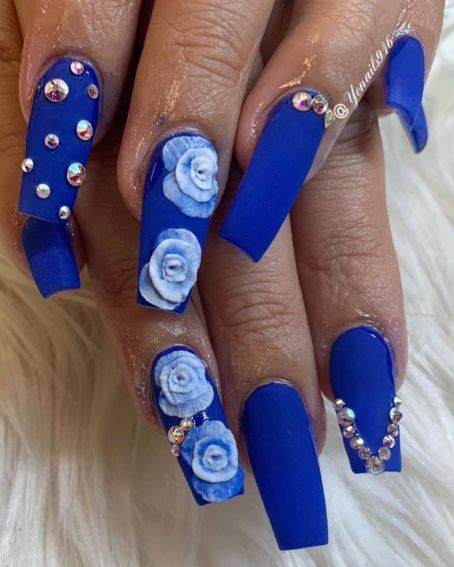 Blue Flowers and Gems Nails