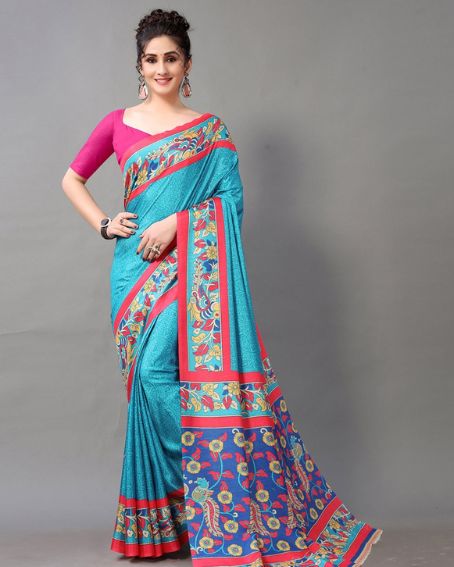 Blue Georgette Printed Saree With Blouse