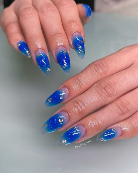 Blue Glitter and Rhinestone Nails