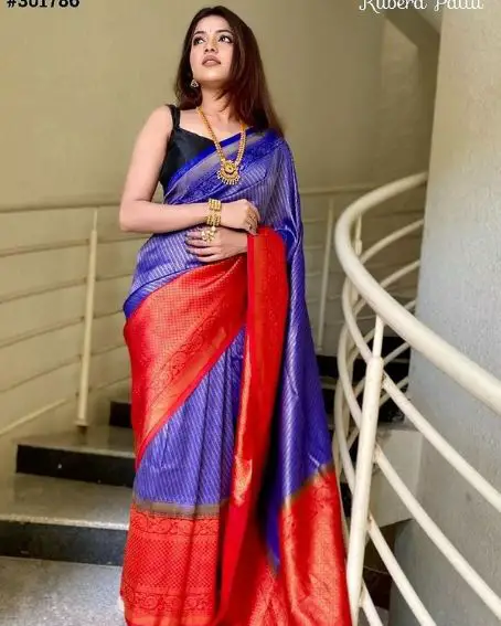 Blue Kubera Pattu Saree with Contrast Blouse