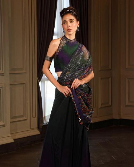Blue Ombre Pre-draped Saree With Halter Neck Blouse