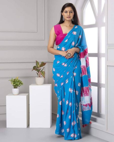 Blue Plain Cotton Saree with Pink Blouse