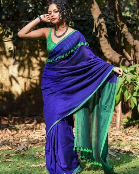 Blue Plain Cotton Saree