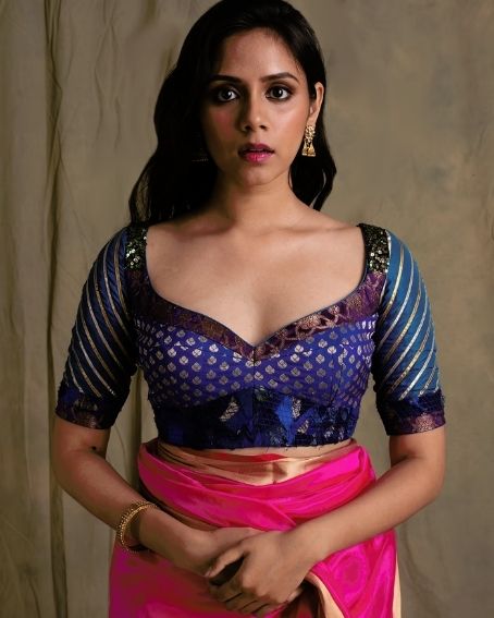 Blue Silk Banarasi Saree Blouse with Broad Shoulders