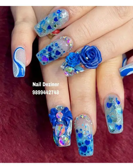 Blue and Gold Floral Rhinestone Nails