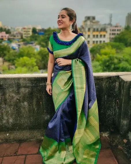 Blue and Green Combinated Frill Designer Blouse