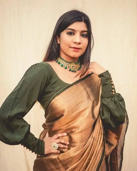 Bottle Green Balloon Sleeve Blouse with Gold Saree