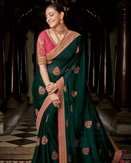 Bottle Green Silk Saree With Designer Blouse