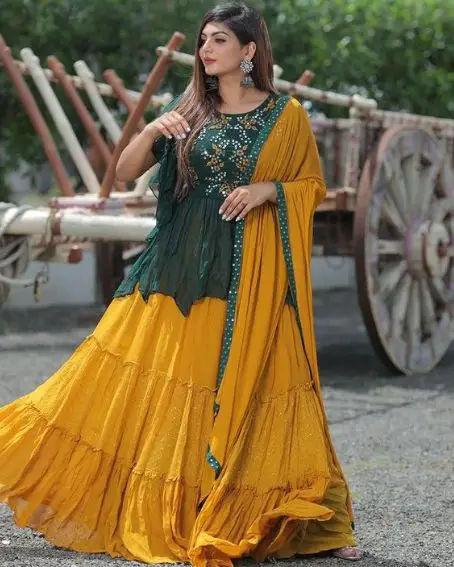 Bottle Green and Yellow Color Lehanga with Full Blouse