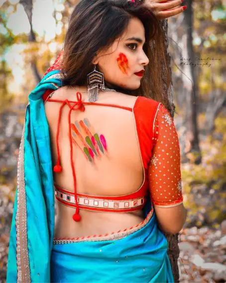 Bricks Red Back Less Blouse Design with U Shape