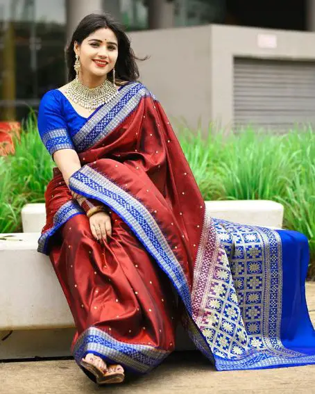 Bricks Red Silk Saree with Blue Blouse