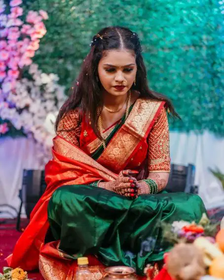 Bridal Green Saree with Red Embroidery Blouse