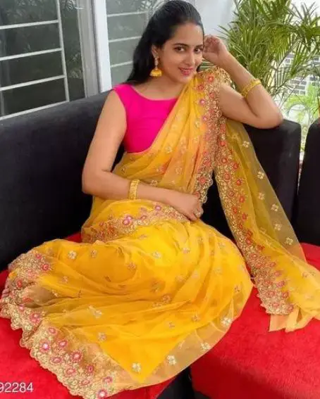 Bridal Saree Net Organza Yellow Embroidered Saree with Blouse