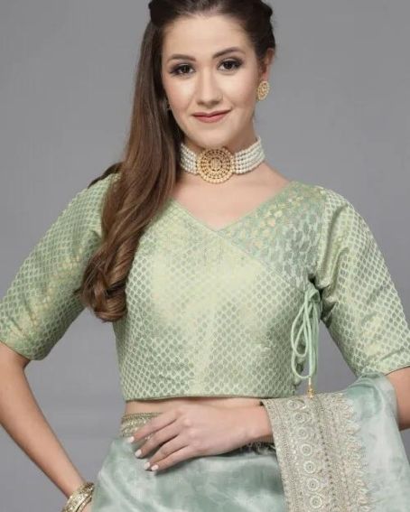 Brocade Angrakha Style Blouse in Sea Green