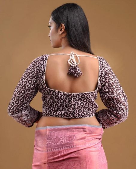 Brown Georgette Blouse With Floral Embroidery And Sequins