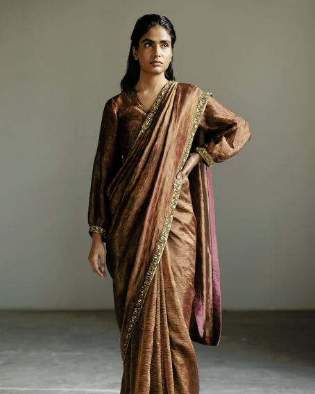 Brown Tissue Silk Francisca Puff Sleeve Blouse