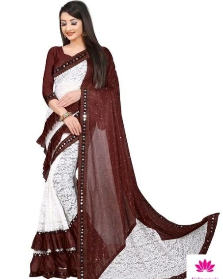 Brown and White Combination Ruffle Saree with Blouse