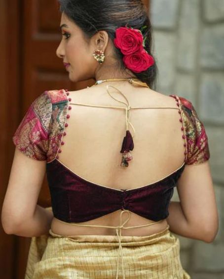 Burgundy Velvet Banarasi Sweetheart Neck Blouse, With Backside Potli Button