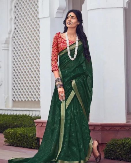 Casual Wear Ladies Dark Green Plain Chiffon Saree