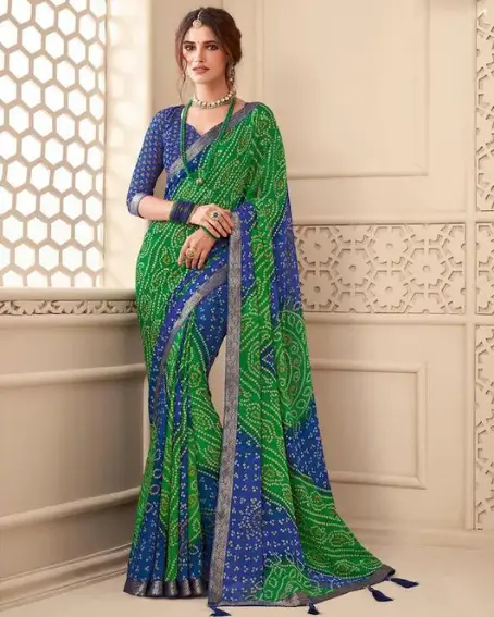 Chiffon Green & Blue Color Chiffon Saree with Blouse