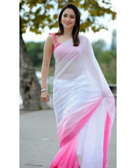 Chiffon Plain White and Pink Tamannaah Bhatia Two Color Shade Saree