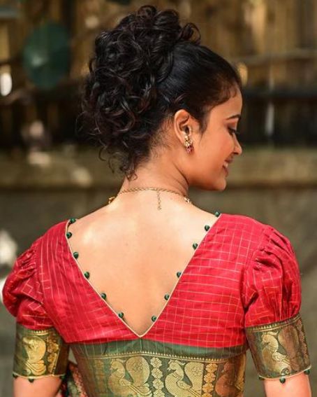 Chili Red Deep V neck Checked Blouse With Potli Design