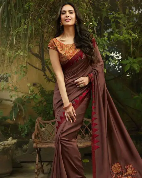 Coffee Color Patch Silk Saree in Brown Clor Designery Blouse