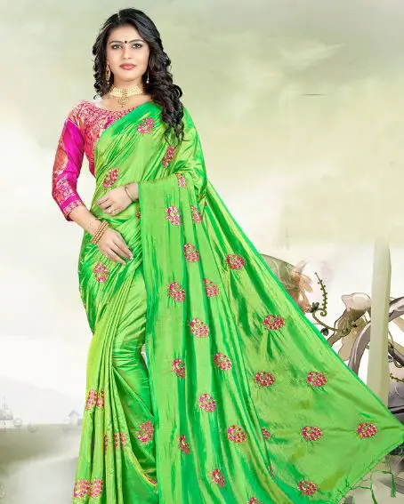 Conversational Embroidered Green Saree With Blouse
