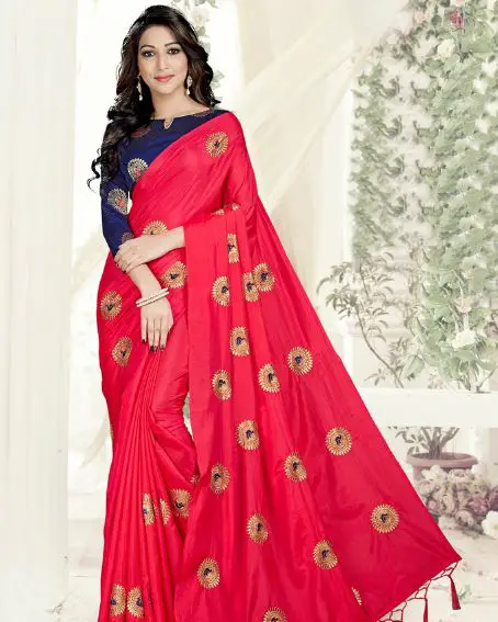Conversational Embroidered Red Saree With Blouse